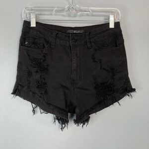 Kancan Black Distressed Destroyed Ripped Denim Raw Hem Jean Shorts Size 27